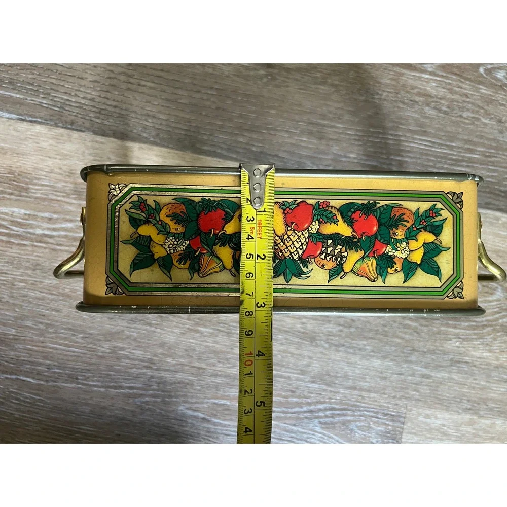 Vintage Metal Decorative Tin Yellow Fruit Motif Brass Handles Pyrex serving